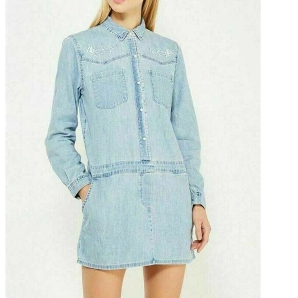 Juicy Couture Mini Dress Small Blue Long Sleeve Chambray Embroidery Western - Picture 1 of 10